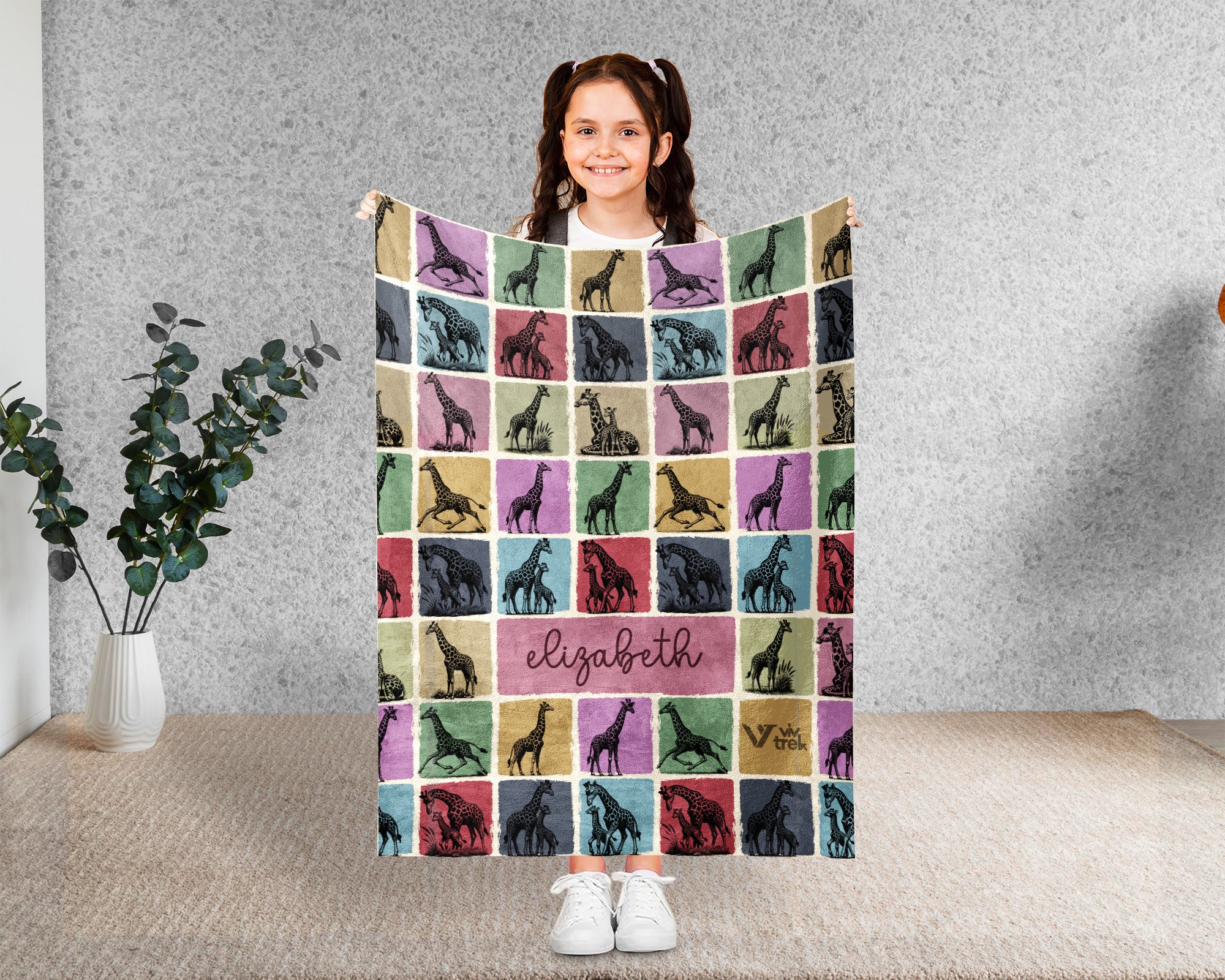 Personalized Giraffe Blanket – Custom Name Cozy Vintage Wildlife Throw