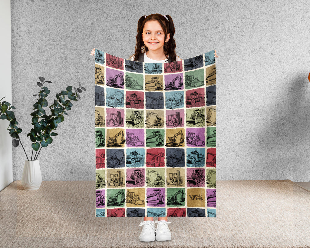 Construction Equipment Blanket, Kids Truck Throw, Bulldozer Crane Loader Cozy Blanket, Heavy Machinery Gift for Boys Girls