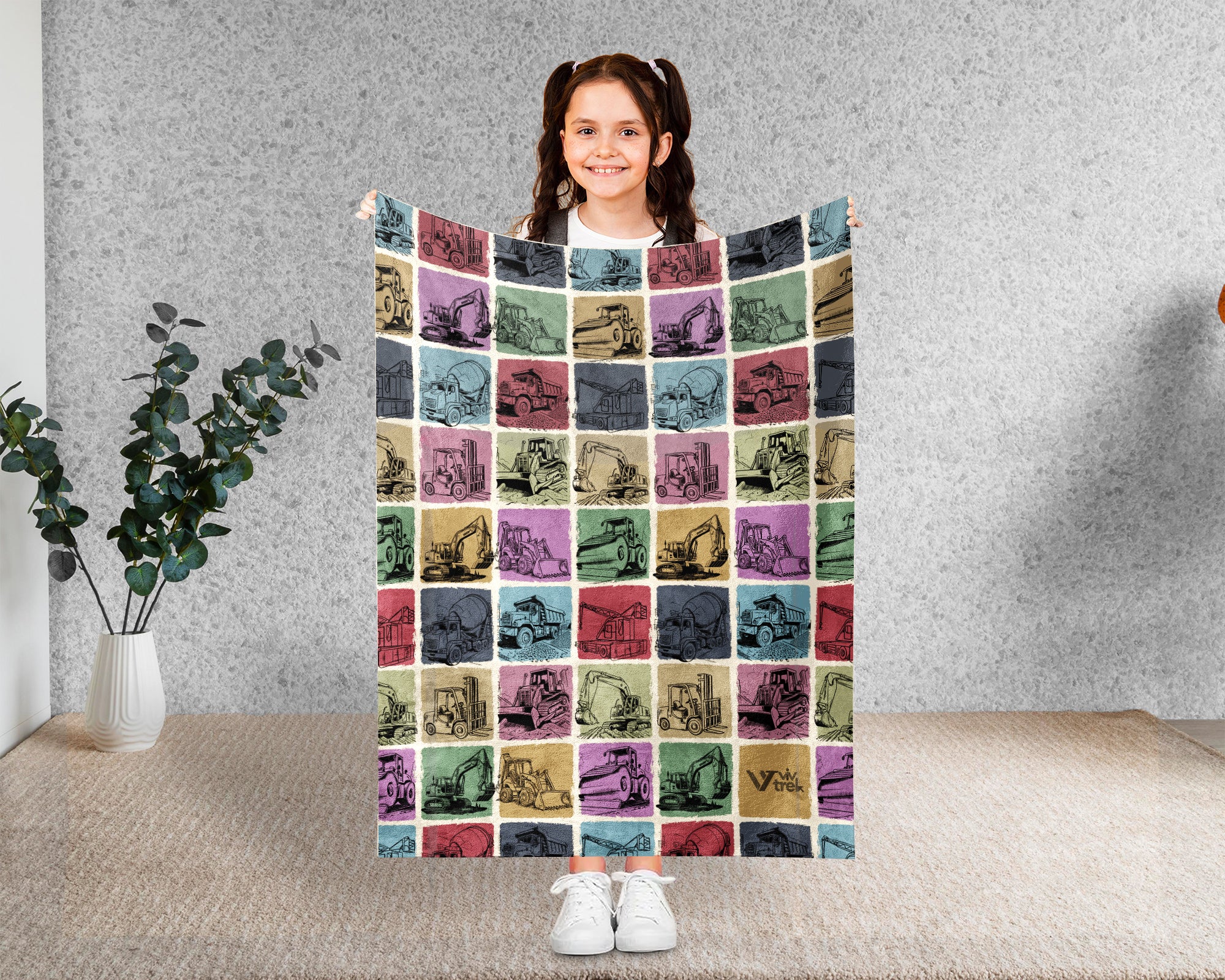 Construction Equipment Blanket, Kids Truck Throw, Bulldozer Crane Loader Cozy Blanket, Heavy Machinery Gift for Boys Girls