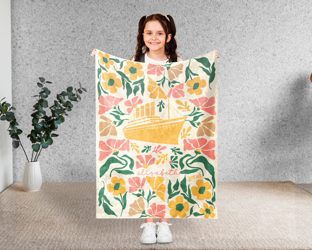 Personalized Floral Titanic Ship Blanket with Custom Name, Cozy Wildflower Ocean Liner Throw for Kids Teens Adults, History Lover Gift