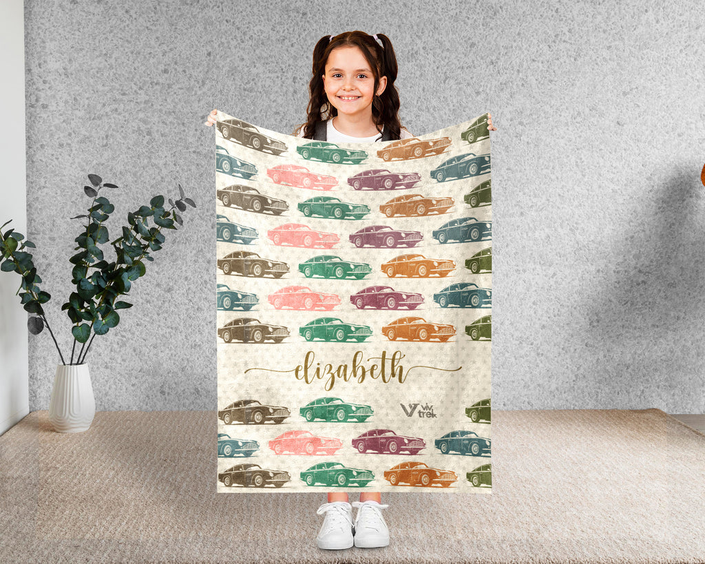 Custom Name Classic Car Blanket, Personalized Vintage Vehicle Throw, Cozy Garage Gift for Auto Enthusiasts