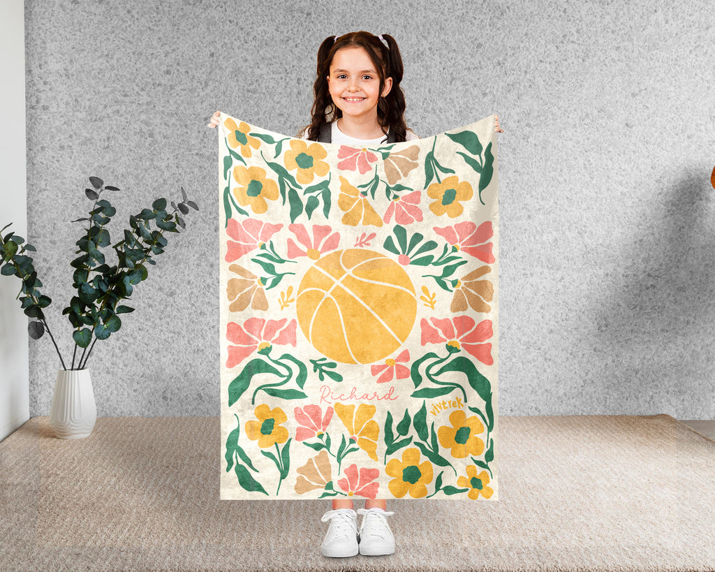 Custom Name Basketball Blanket, Cozy Floral Sports Throw for Hoop Fans