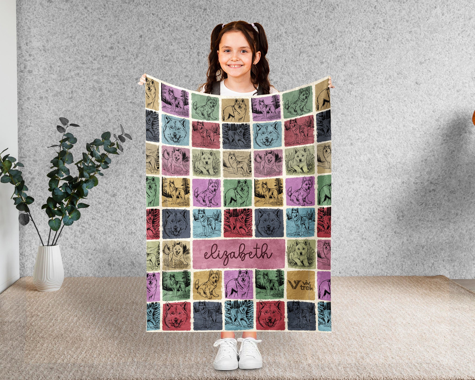 Personalized Name Husky Blanket – Cozy Vintage Throw for Dog Lovers