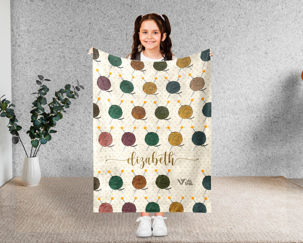 Personalized Name Crochet Yarn Blanket, Retro Knitting Inspired Throw for Needlework Lovers, Cozy Craft Gift Decor