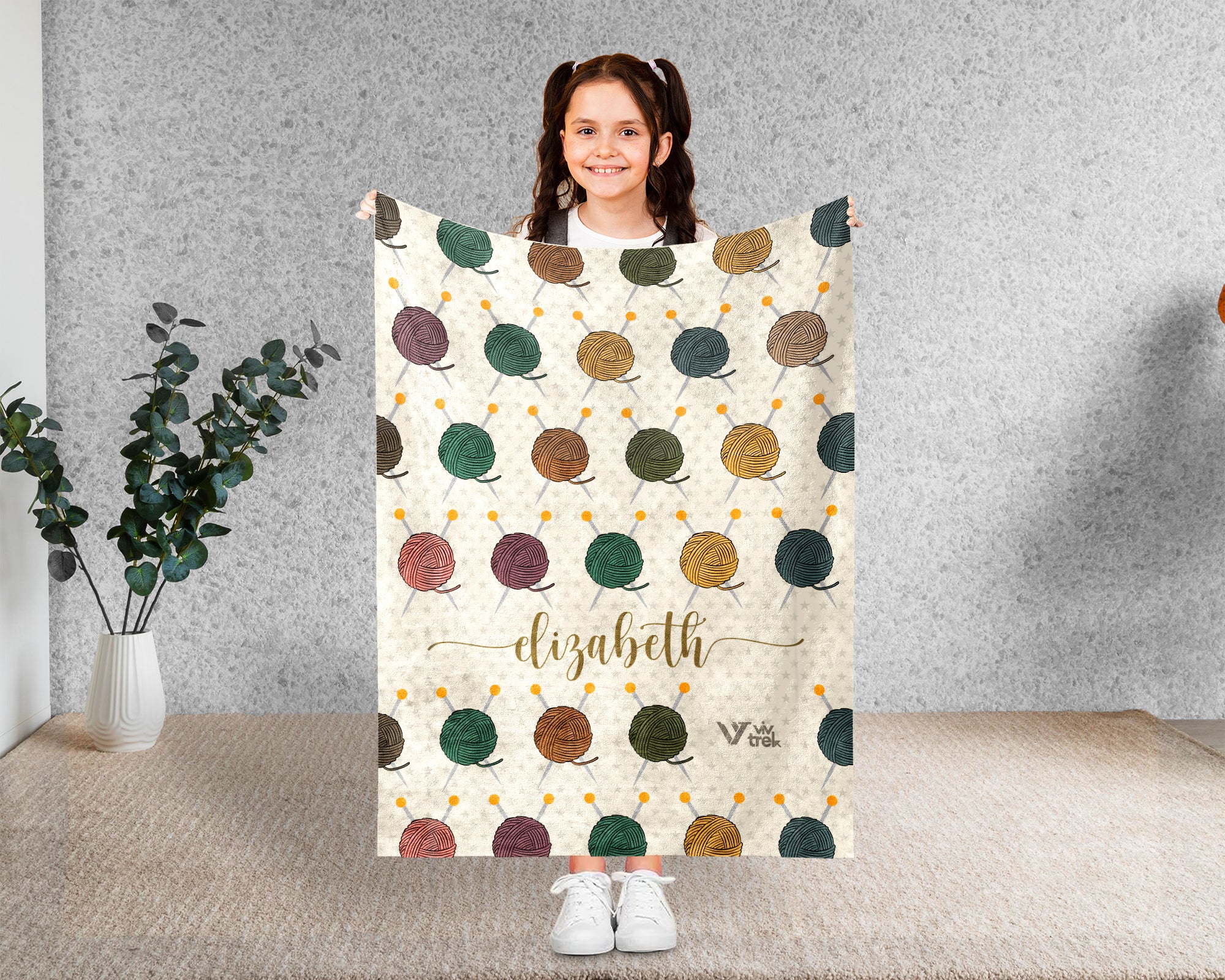 Personalized Name Crochet Yarn Blanket, Retro Knitting Inspired Throw for Needlework Lovers, Cozy Craft Gift Decor