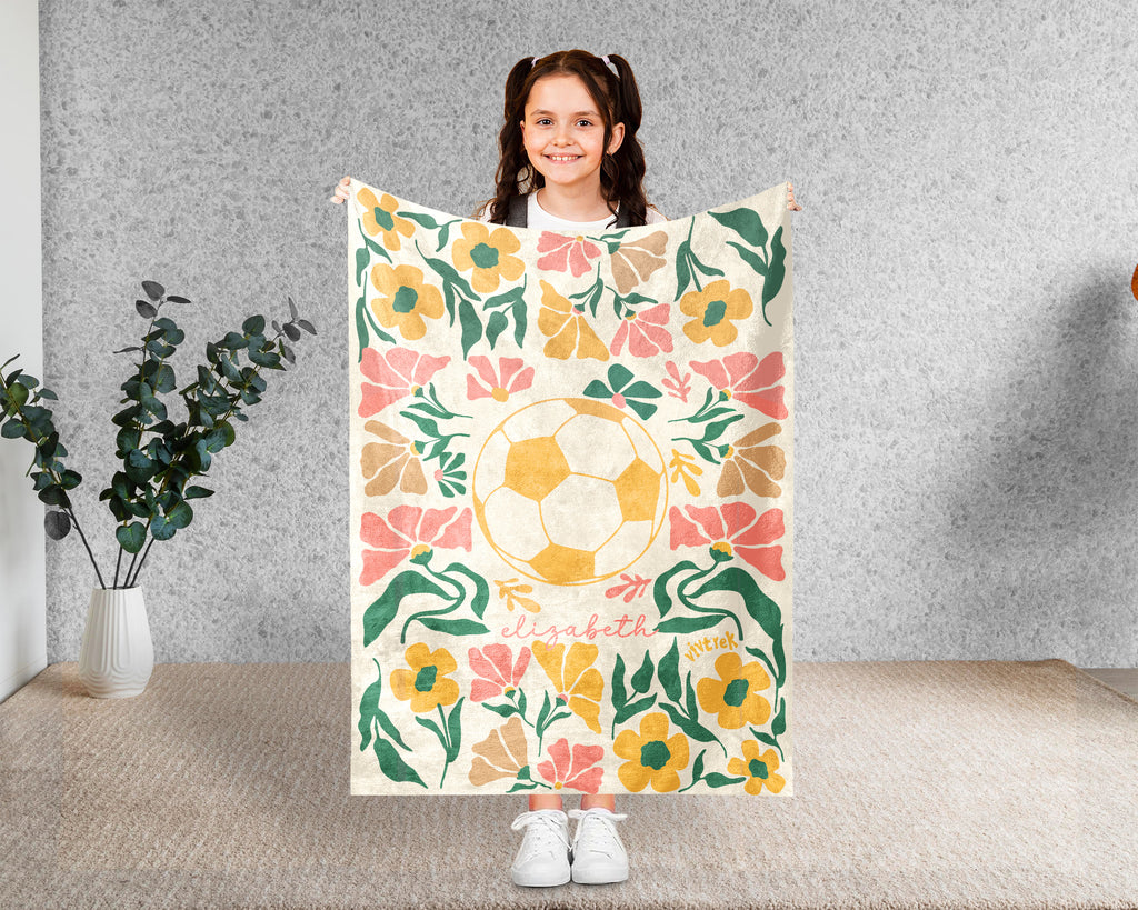 Custom Name Soccer Floral Blanket, Personalized Football Fan Throw, Cozy Sports Gift for Players and Soccer Lovers Room Decor