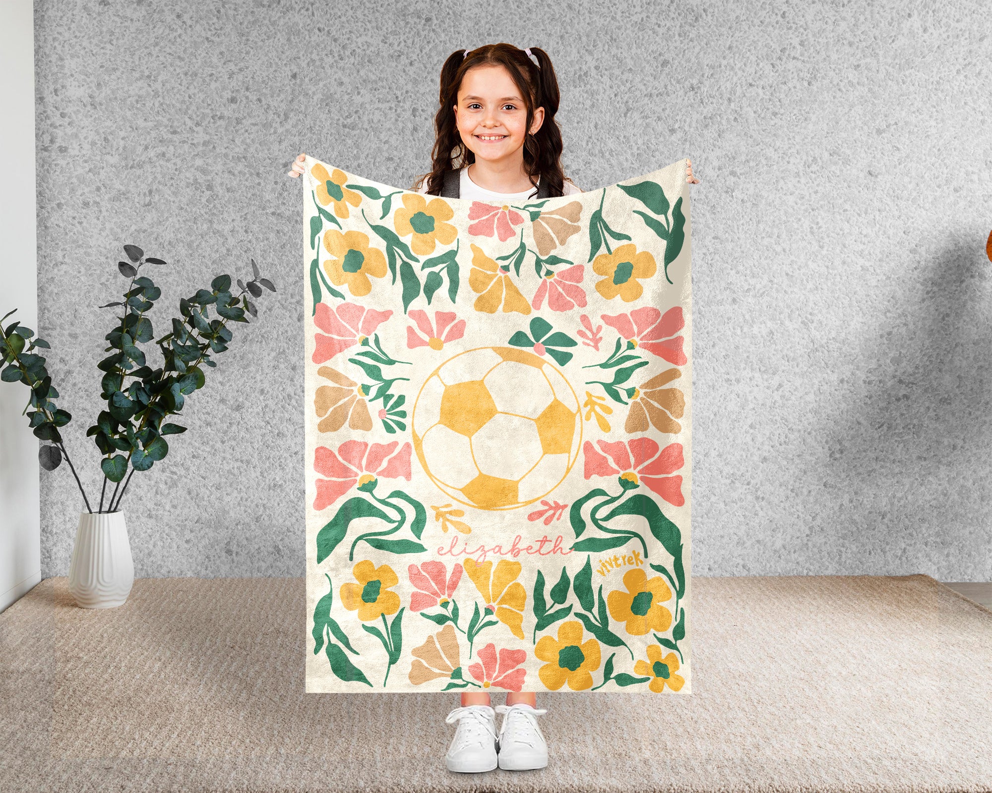 Custom Name Soccer Floral Blanket, Personalized Football Fan Throw, Cozy Sports Gift for Players and Soccer Lovers Room Decor