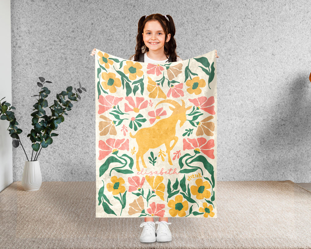 Personalized Floral Goat Blanket with Custom Name, Cozy Floral Goat Throw Gift for Kids Teens Adults, Farm Animal Lover Birthday Gift