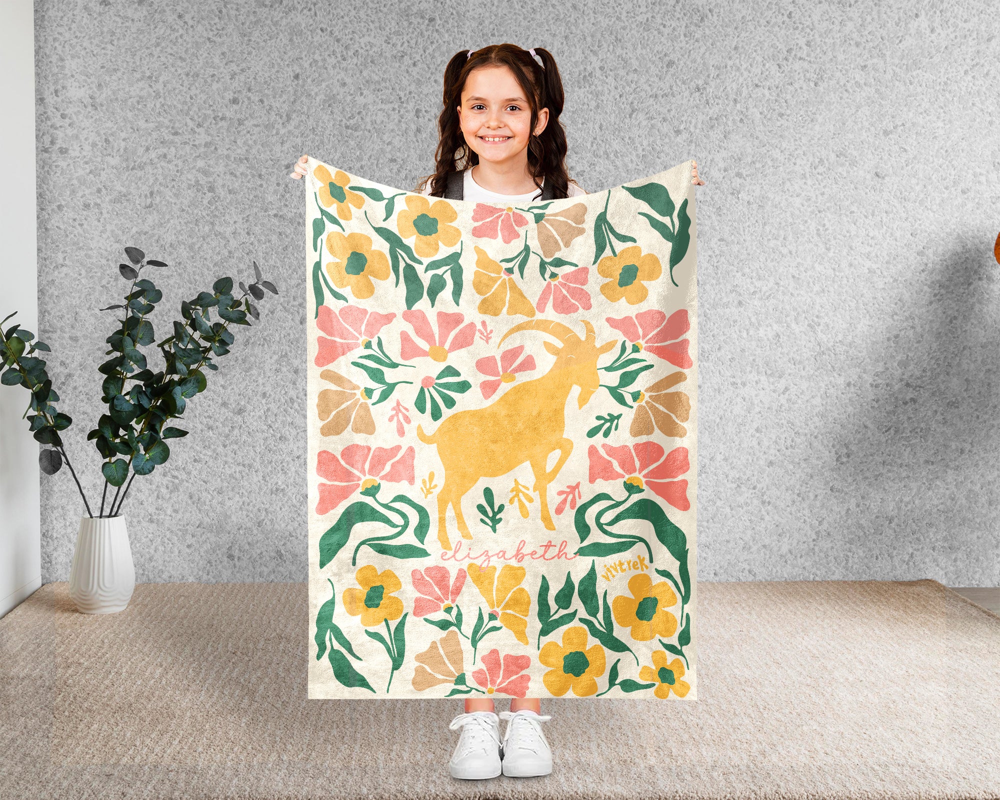 Personalized Floral Goat Blanket with Custom Name, Cozy Floral Goat Throw Gift for Kids Teens Adults, Farm Animal Lover Birthday Gift