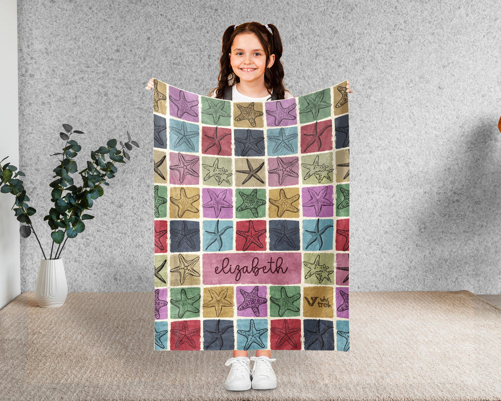 Custom Name Starfish Blanket Personalized Ocean Throw Cozy Sea Life Decor Beach Lover Gift Coastal Style Home Accent