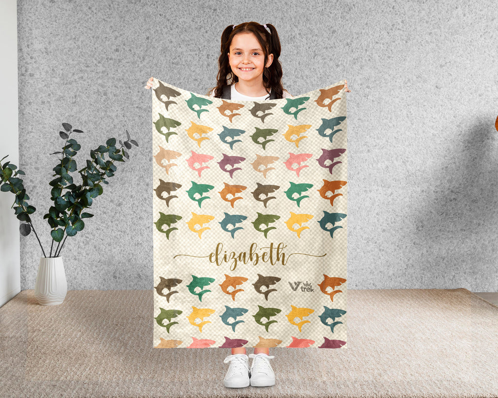 Custom Name Shark Throw Blanket – Vintage Ocean Gift for Shark Fans