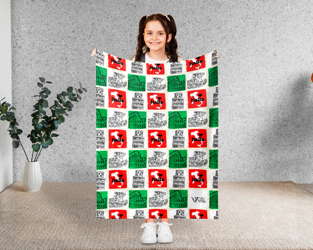 Retro Italy Blanket Throw with Italia Flag Design, Cozy Rome Venice Inspired Decor, Mediterranean Travel Lover Gift Blanket