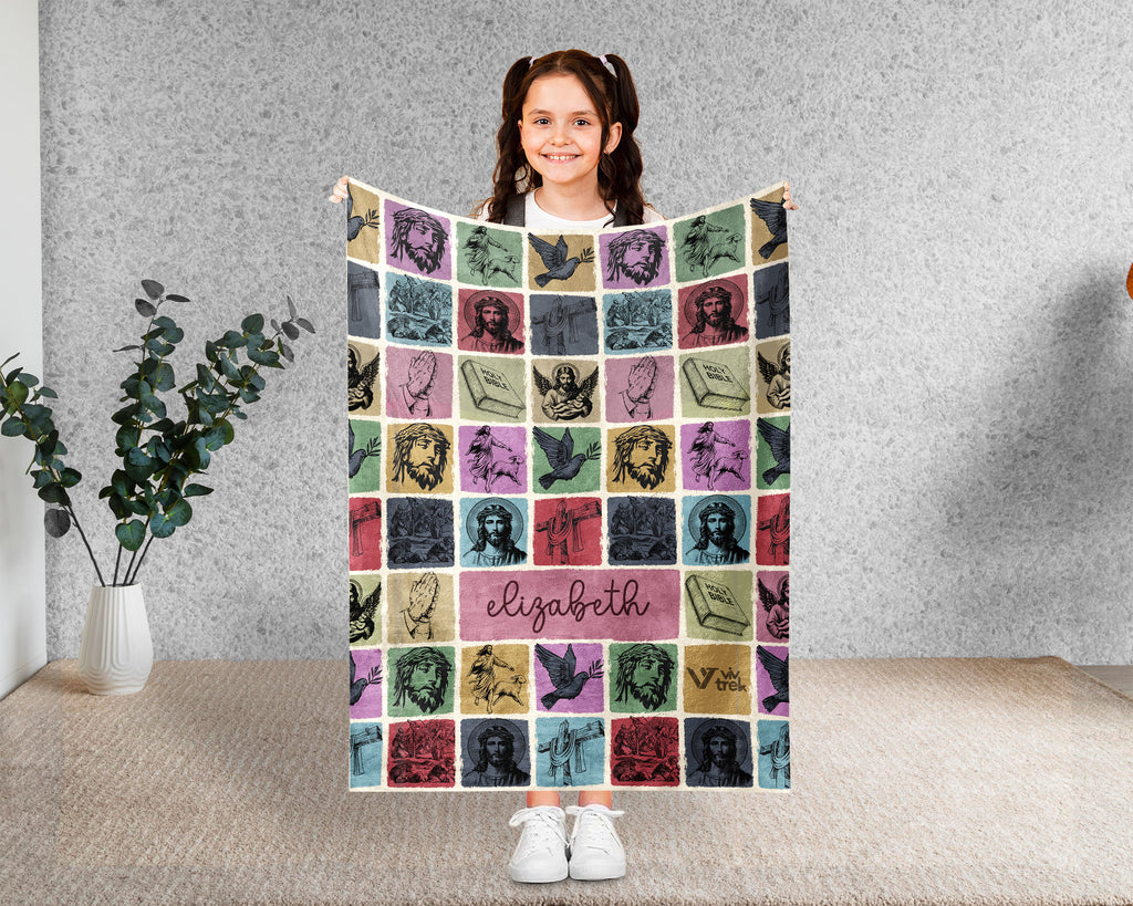 Custom Retro Christian Jesus Blanket Personalized Name, Cozy Faith Throw Gift for Believers, Religious Home Decor