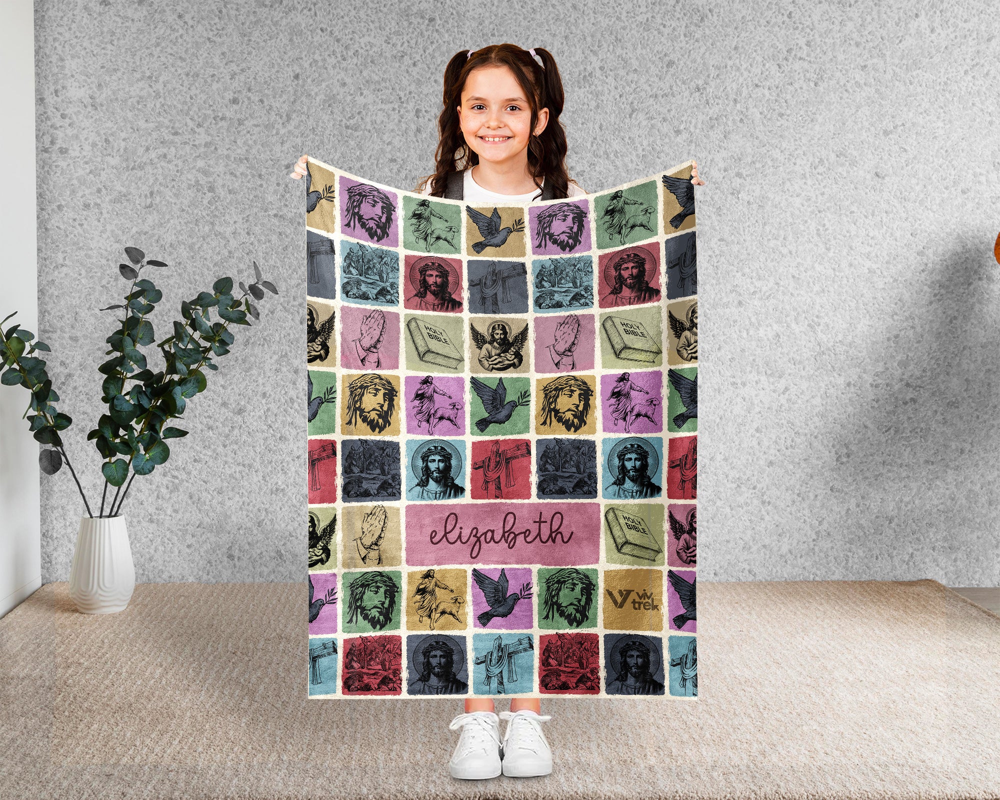 Custom Retro Christian Jesus Blanket Personalized Name, Cozy Faith Throw Gift for Believers, Religious Home Decor