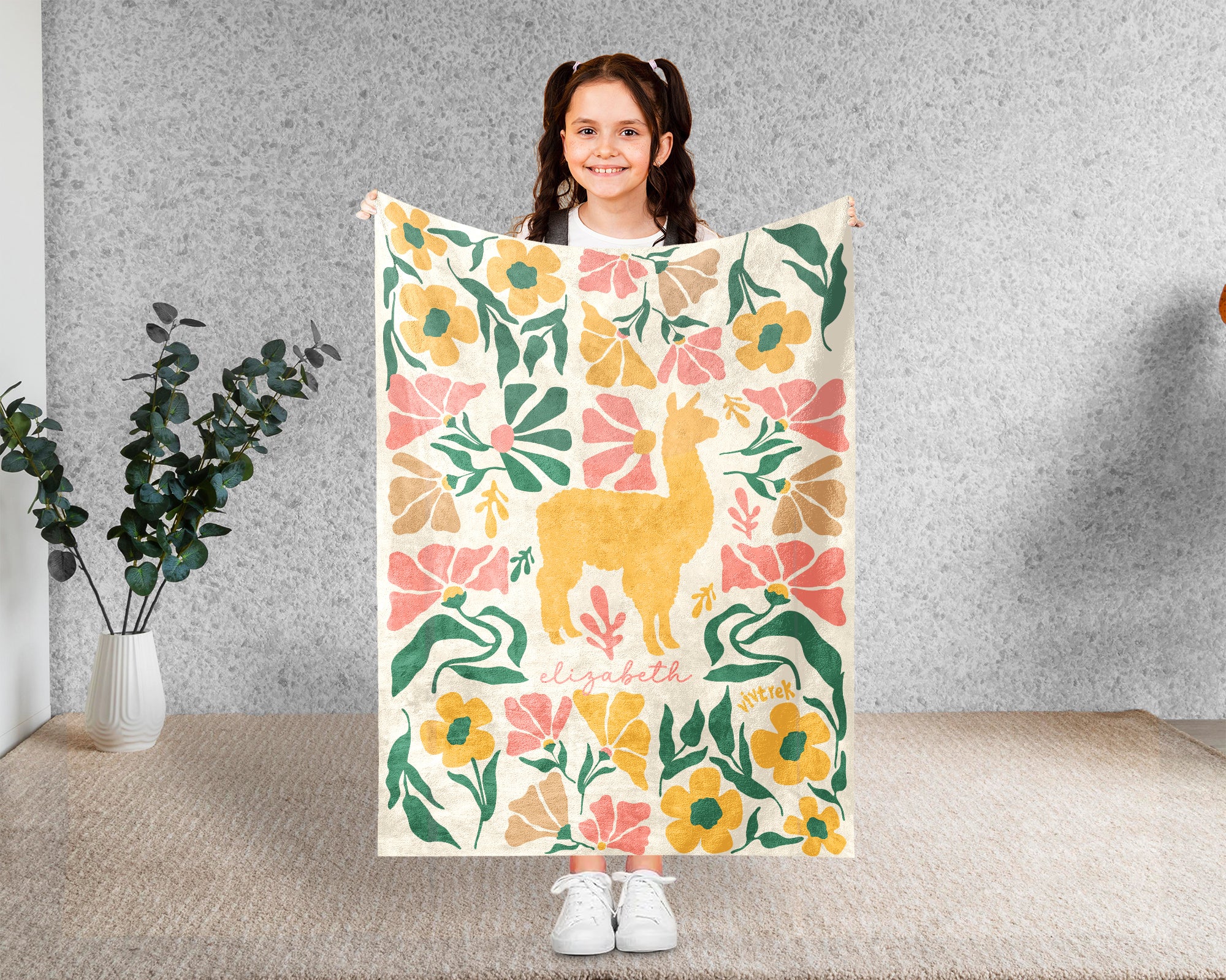 Personalized Llama Alpaca Floral Blanket, Custom Name Cute Animal Throw, Cozy Funny Farm Animal Gift for Animal Lovers
