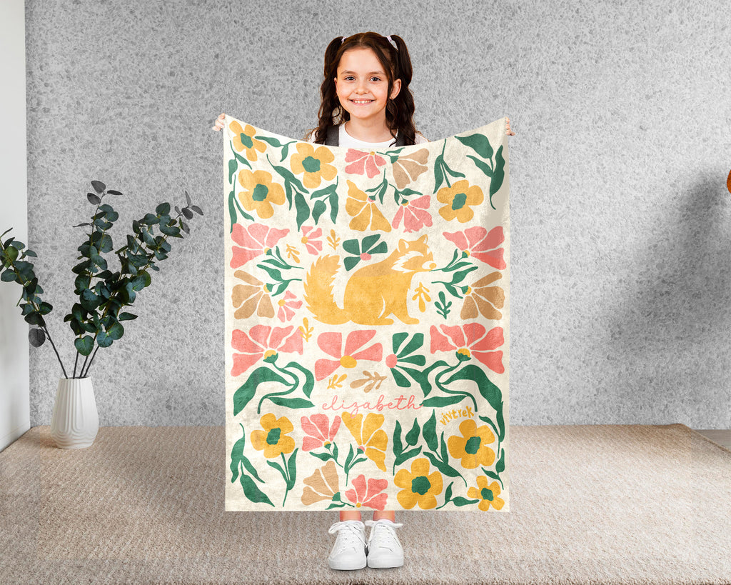 Floral  Raccoon Blanket with Custom Name, Cute Woodland Animal Gift, Cozy Floral Throw for Kids Teens Adults