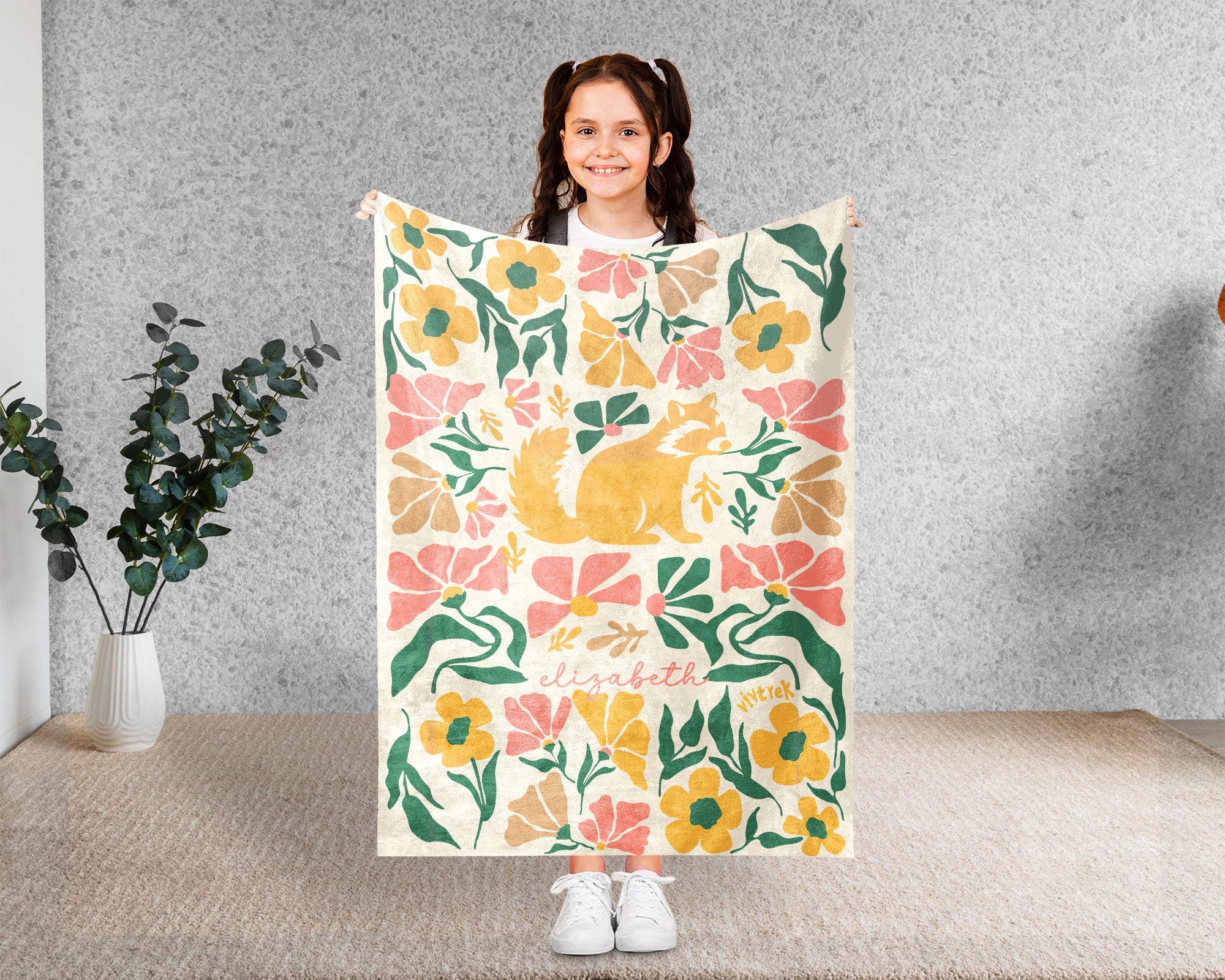 Floral  Raccoon Blanket with Custom Name, Cute Woodland Animal Gift, Cozy Floral Throw for Kids Teens Adults