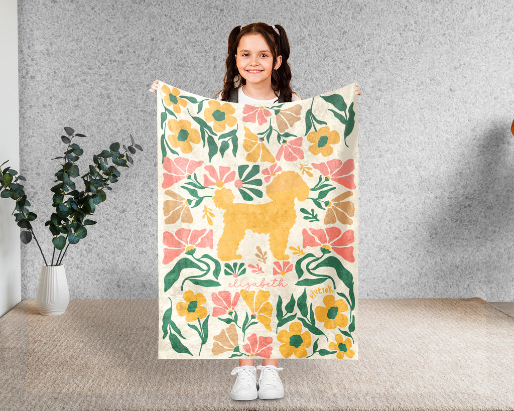 Custom Name Floral Poodle Blanket, Personalized Cozy Retro Puppy Throw, Vintage Dog Lover Gift for Teens Adults Dog Moms