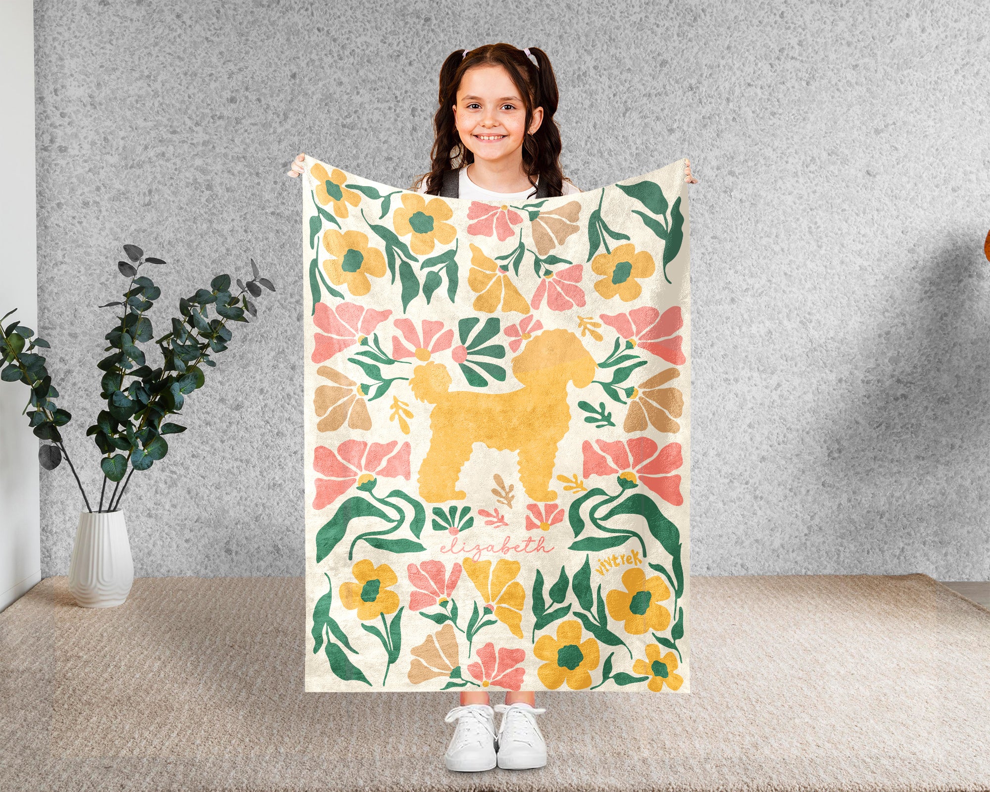 Custom Name Floral Poodle Blanket, Personalized Cozy Retro Puppy Throw, Vintage Dog Lover Gift for Teens Adults Dog Moms