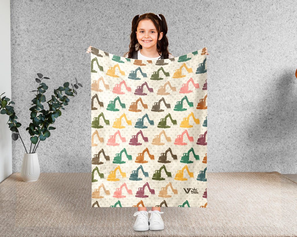 Retro Construction Equipment Blanket, Kids Truck Throw, Bulldozer Crane Loader Cozy Blanket, Vintage Machinery Gift for Boys Girls