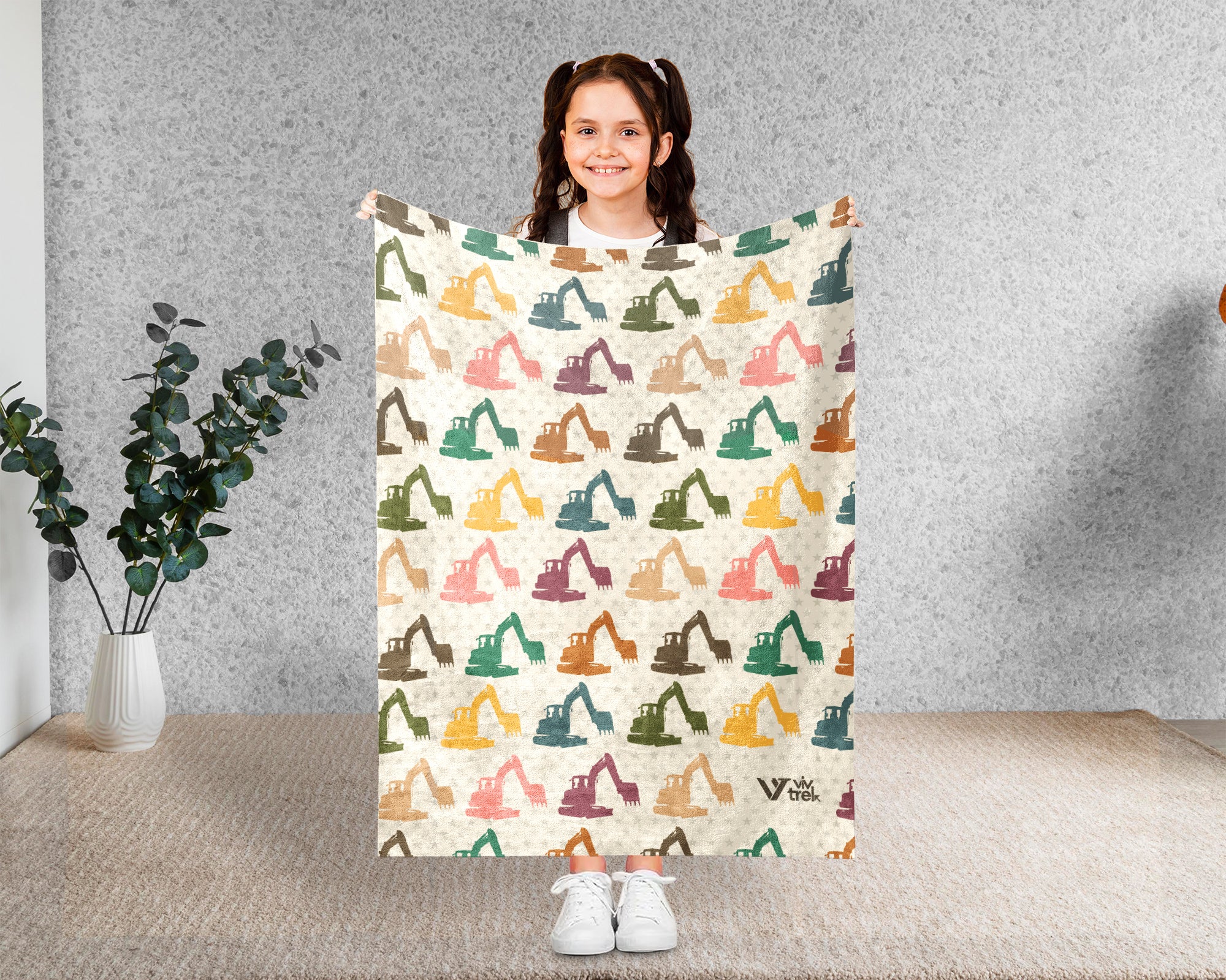 Retro Construction Equipment Blanket, Kids Truck Throw, Bulldozer Crane Loader Cozy Blanket, Vintage Machinery Gift for Boys Girls