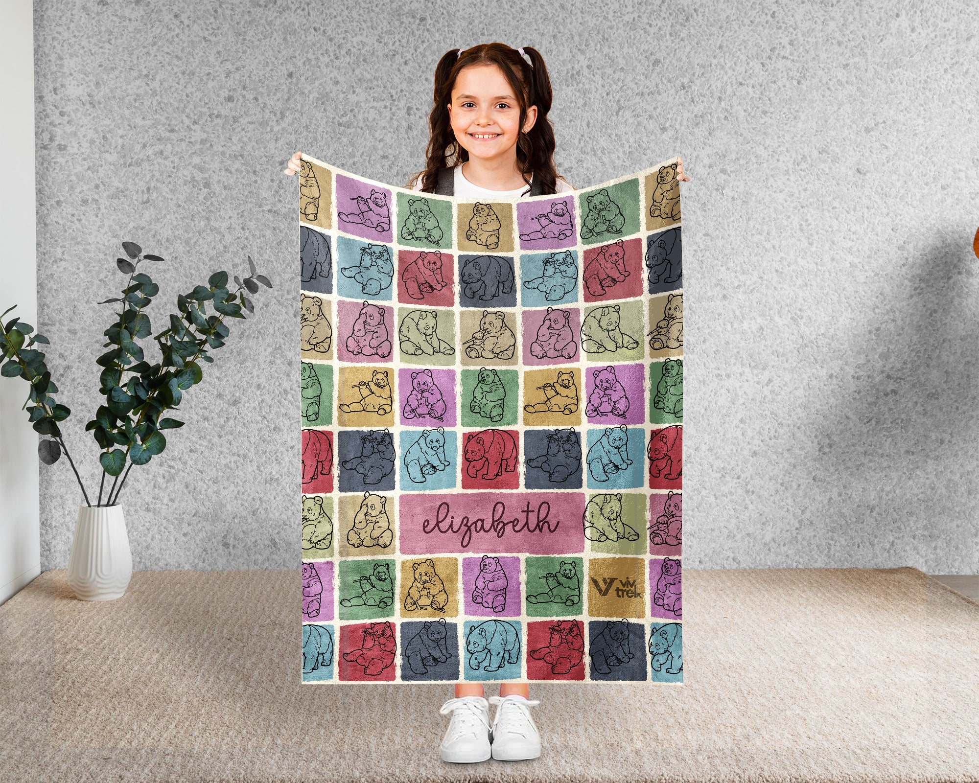 Personalized Name Panda Blanket, Vintage Custom Animal Throw Gift for Cute Panda Lovers and Cozy Retro Room Decor