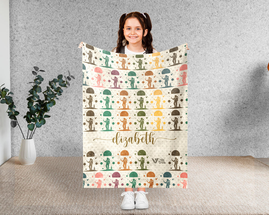 Custom Name Retro Space Blanket, Personalized Astronomy Galaxy Throw for Planet Rocket Star Adventure Lovers Decor