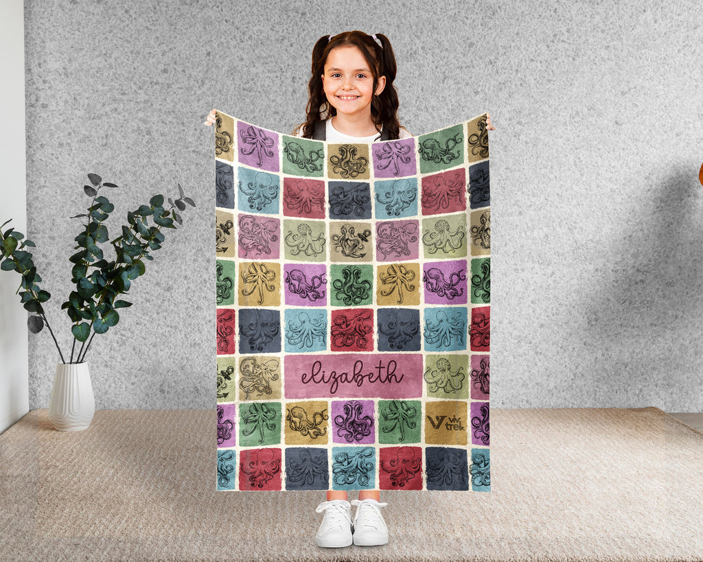 Custom Octopus Lover Blanket Personalized Name Retro Sea Animal Throw Cozy Ocean Creature Fleece Gift Marine Life Home Decor Accent