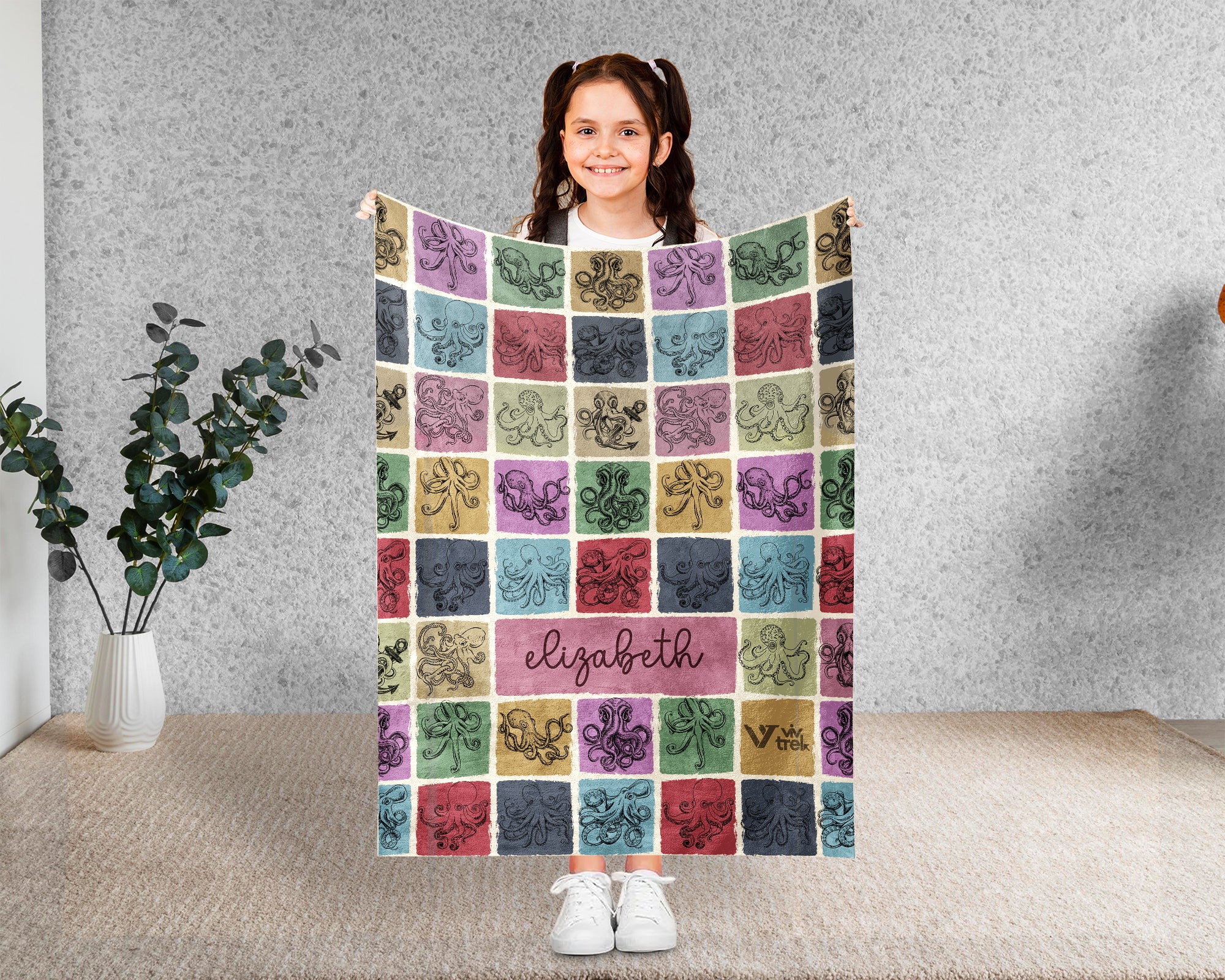 Custom Octopus Lover Blanket Personalized Name Retro Sea Animal Throw Cozy Ocean Creature Fleece Gift Marine Life Home Decor Accent