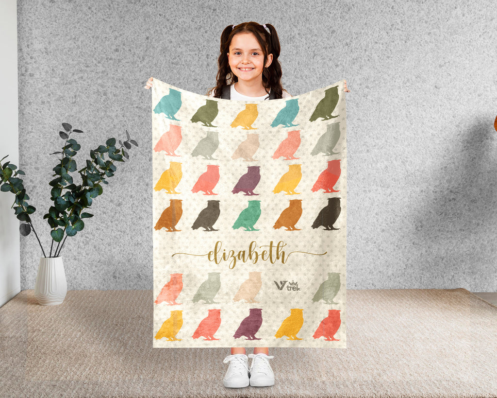 Personalized Name Owl Lover Blanket Custom Retro Bird Throw Cozy Forest Wildlife Fleece Gift Rustic Animal Home Decor Accent Piece