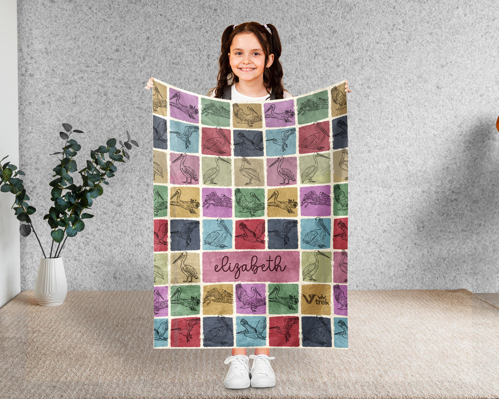 Personalized Name Pelican Blanket, Retro Coastal Bird Throw for Nature Lovers