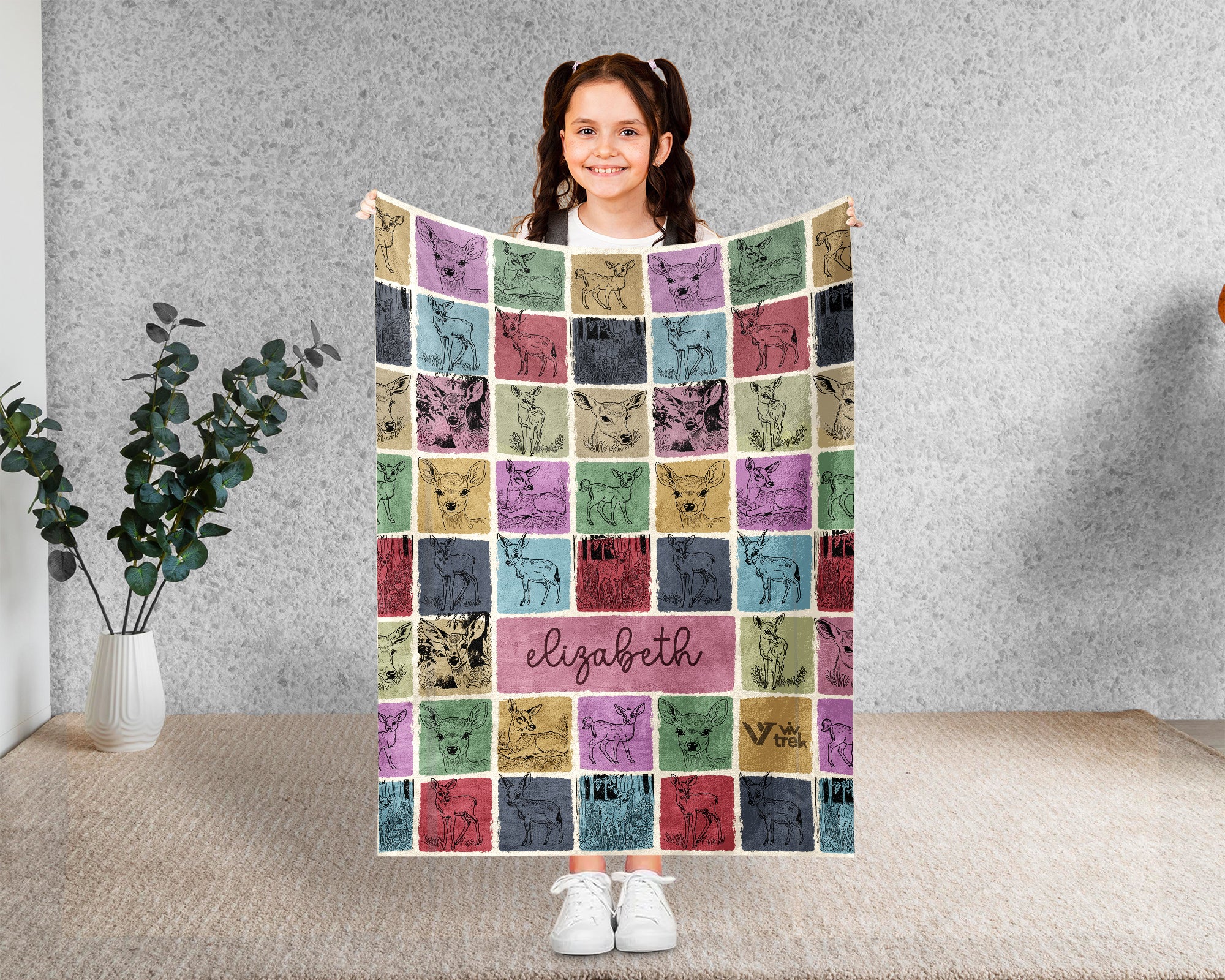 Custom Retro Baby Deer Blanket Personalized Name, Cute Fawn Wildlife Throw, Cozy Nature Gift for Kids Teens Adults