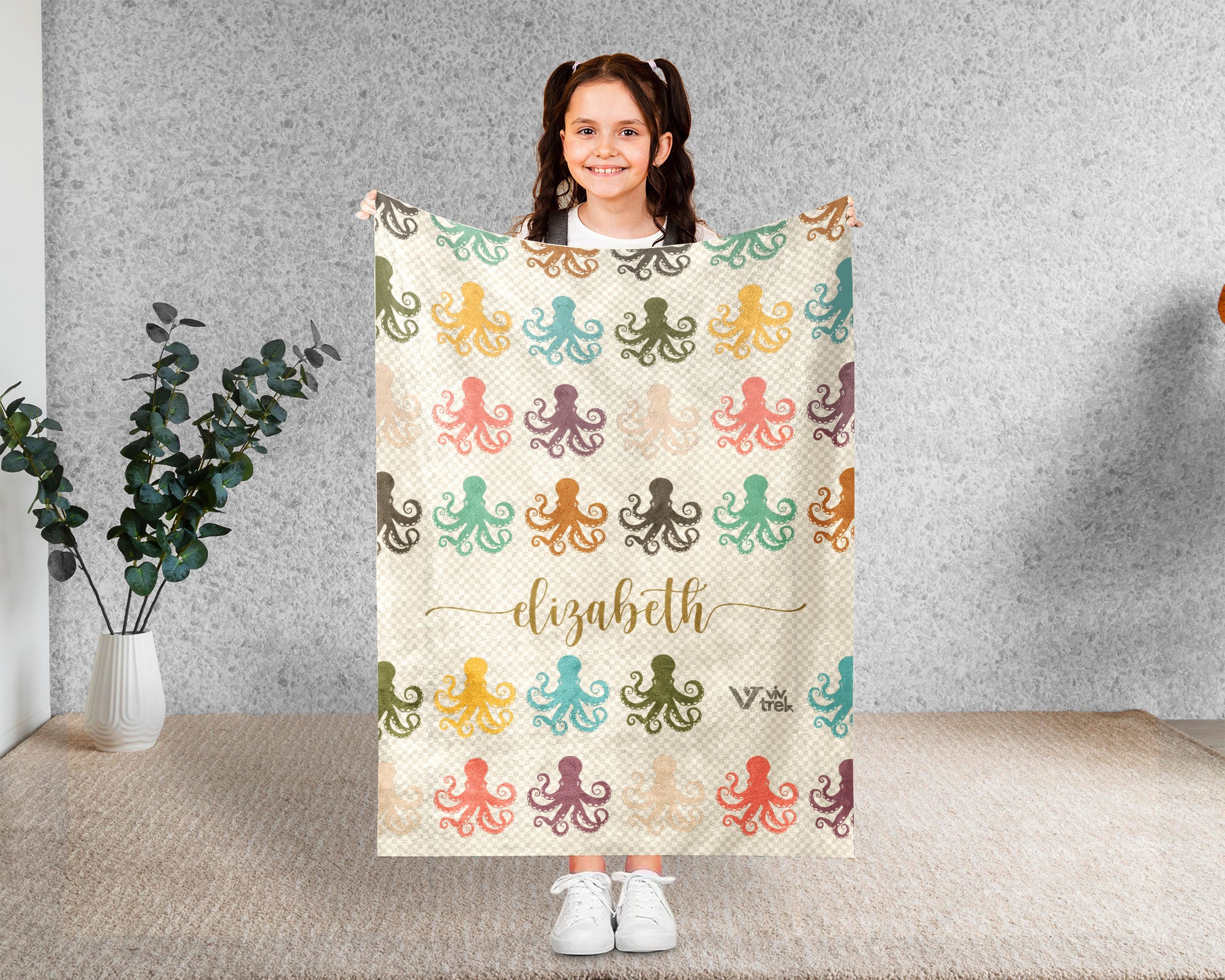 Personalized Octopus Lover Blanket Custom Name Retro Ocean Animal Throw Cozy Marine Life Fleece Gift Nautical Home Decor Accent