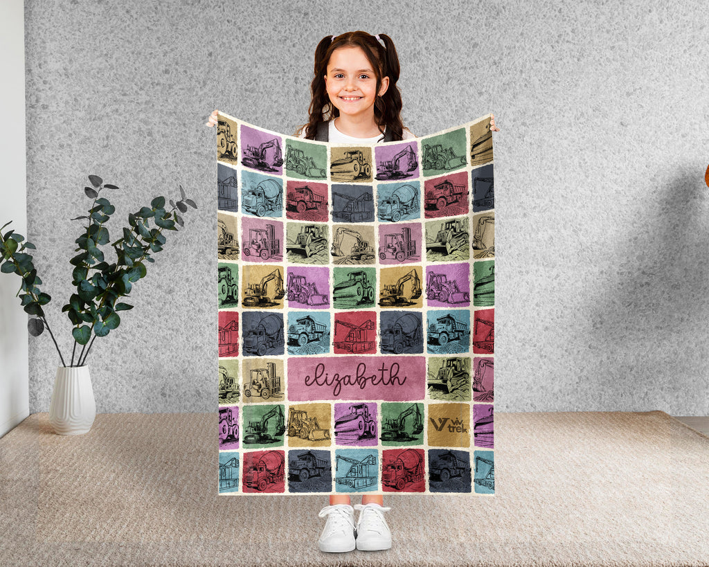 Custom Name Construction Blanket Personalized Excavator Throw, Cozy Builder Gift for Kids Boys, Truck Theme Room Decor