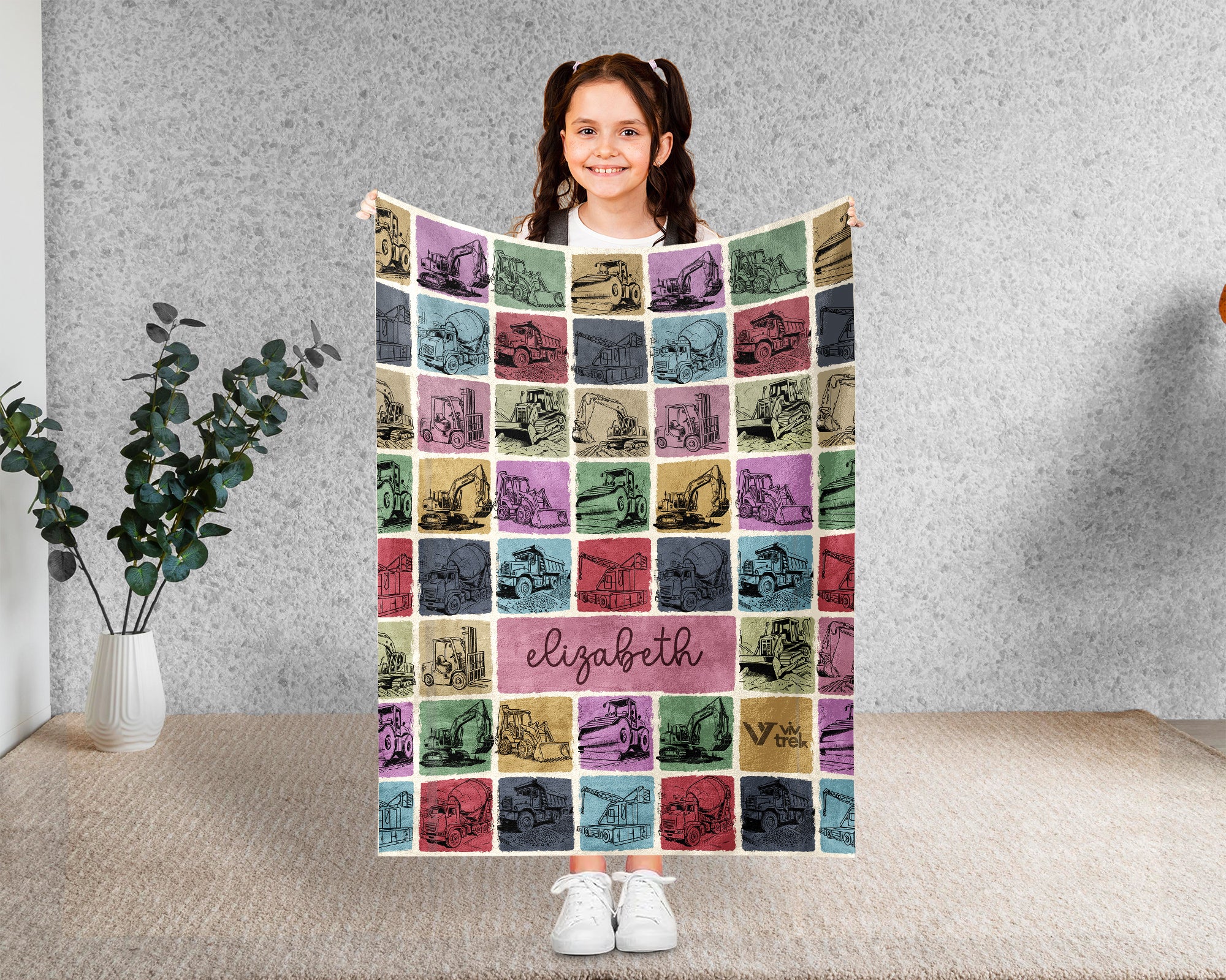Custom Name Construction Blanket Personalized Excavator Throw, Cozy Builder Gift for Kids Boys, Truck Theme Room Decor