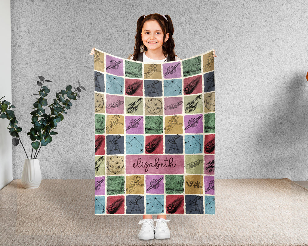 Personalized Name Space Galaxy Blanket, Retro Astronomy Throw Gift for Rocket Star Lovers, Custom Planet Astronaut Decor