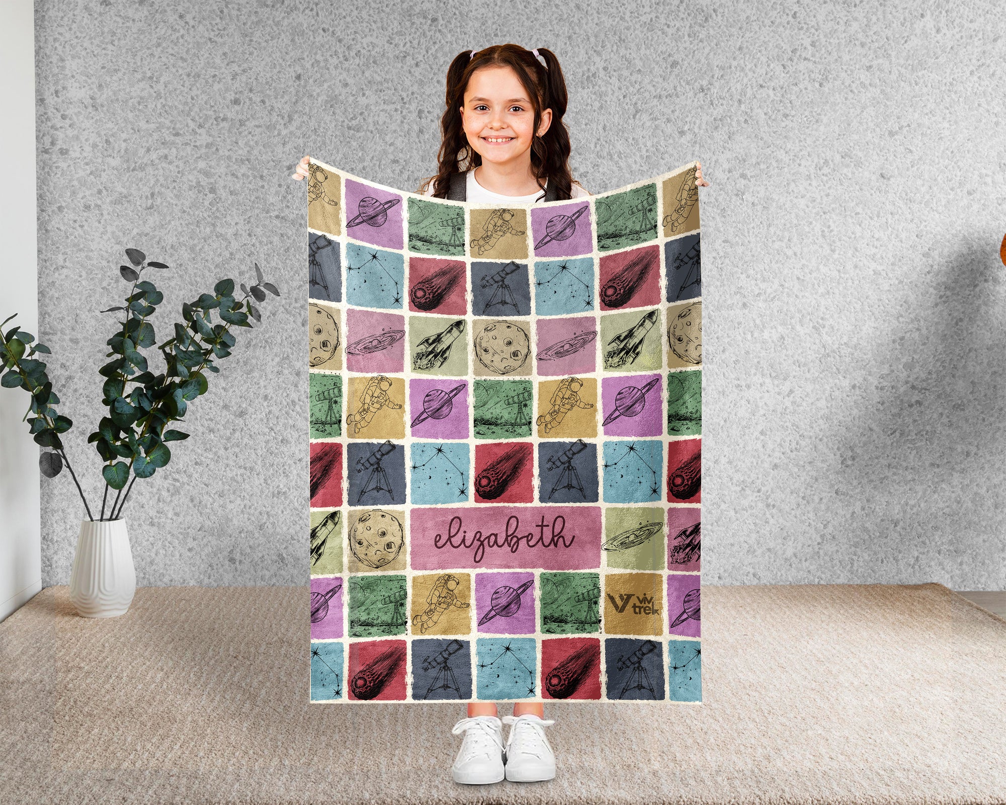 Personalized Name Space Galaxy Blanket, Retro Astronomy Throw Gift for Rocket Star Lovers, Custom Planet Astronaut Decor