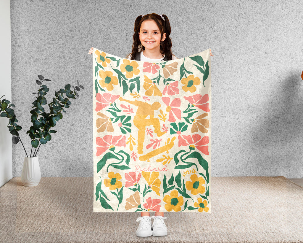 Personalized Name Skateboarding Floral Blanket, Custom Name Skater Throw, Cozy Cool Skateboard Gift for Skate Lovers