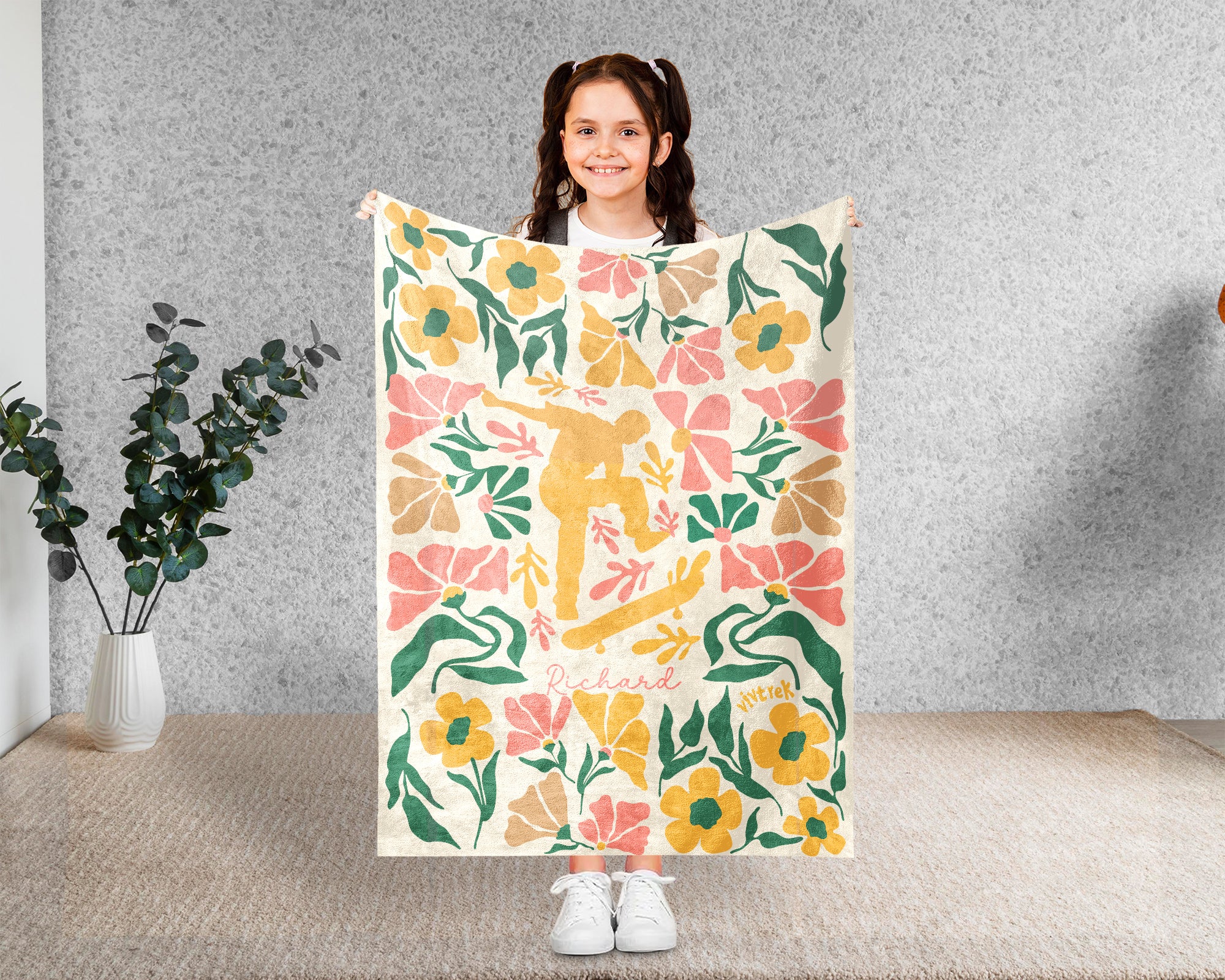 Personalized Name Skateboarding Floral Blanket, Custom Name Skater Throw, Cozy Cool Skateboard Gift for Skate Lovers