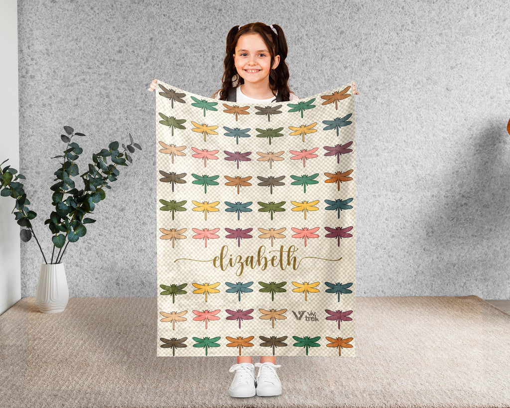 Personalized Dragonfly Throw Custom Name Insect Lover Blanket Retro Winged Bug Design Nature Gift for Her Cozy Home Accent Decor