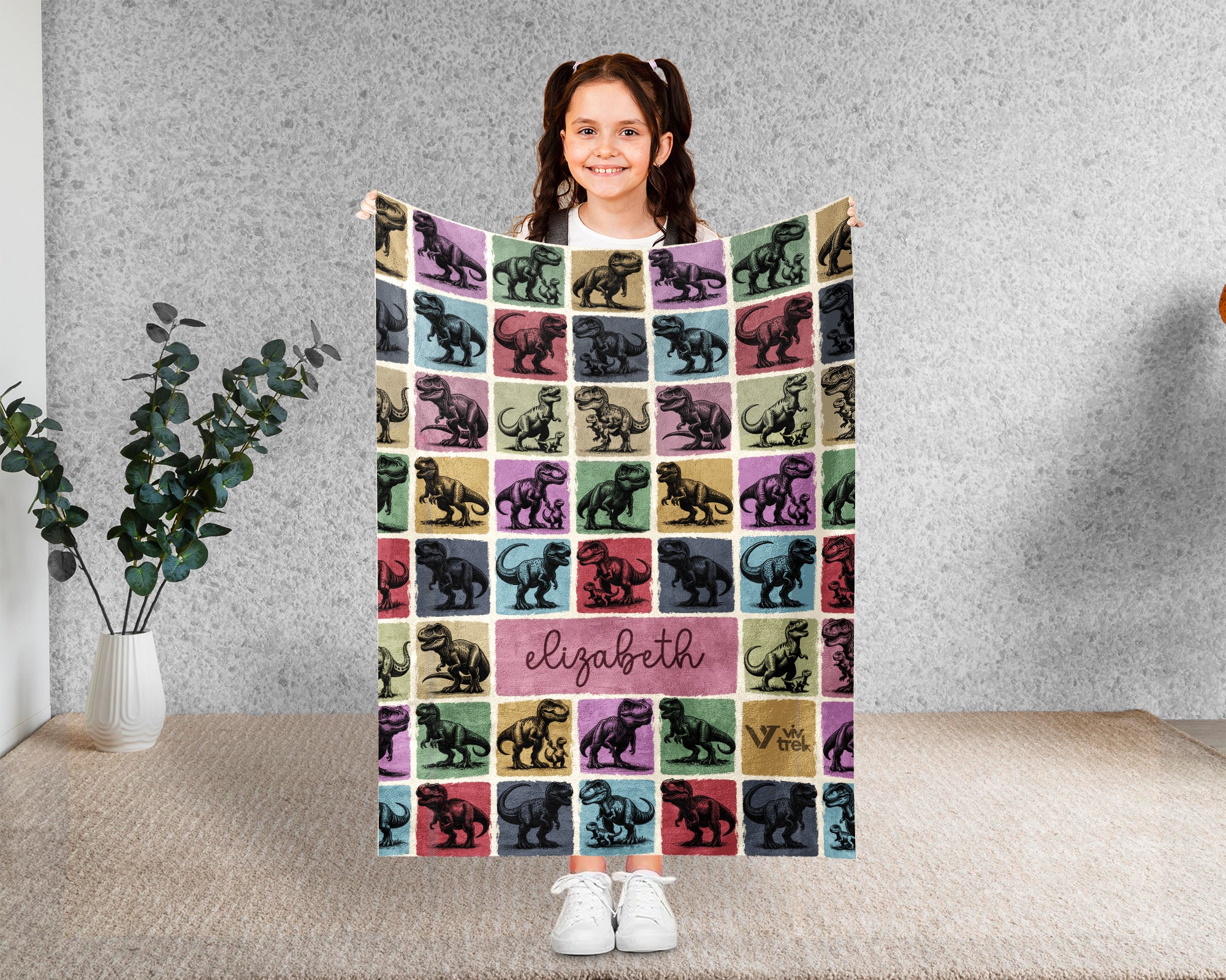 Custom T-Rex Blanket Personalized Name Retro Dino Throw Cozy Tyrannosaurus Decor Unique Prehistoric Gift Fun Room Accent