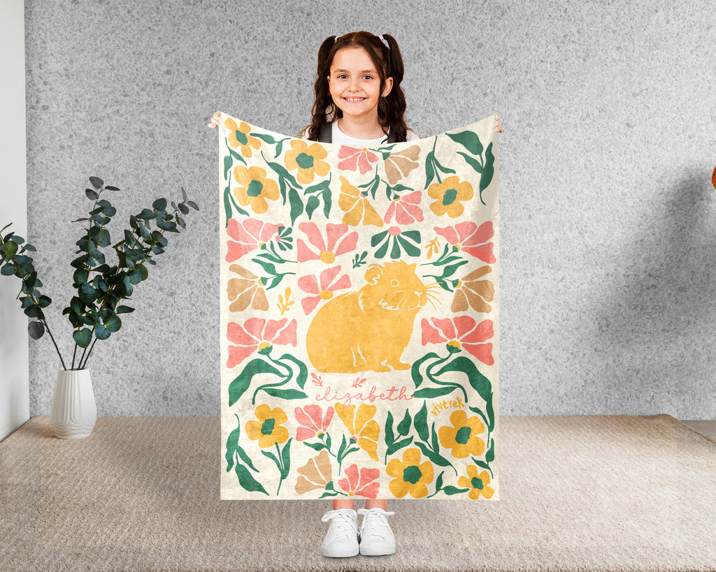 Floral Custom Name Guinea Pig Blanket, Floral Pet Lover Throw, Cozy Wildflower Blanket for Kids Teens Adults Gift