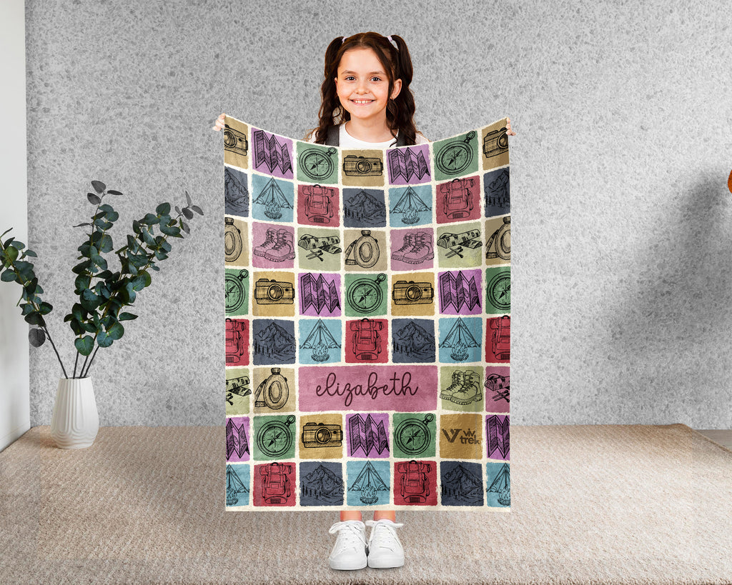 Personalized Name Hiking Blanket, Retro Mountain Throw for Outdoor Lovers, Cozy Nature Inspired Hiker Gift Decor