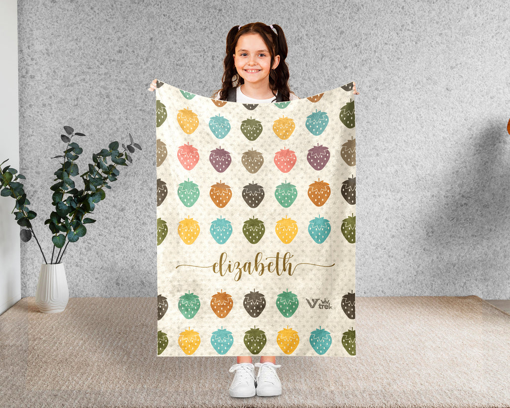 Custom Name Strawberry Blanket, Cozy Retro Fruit Throw for Kids and Adults