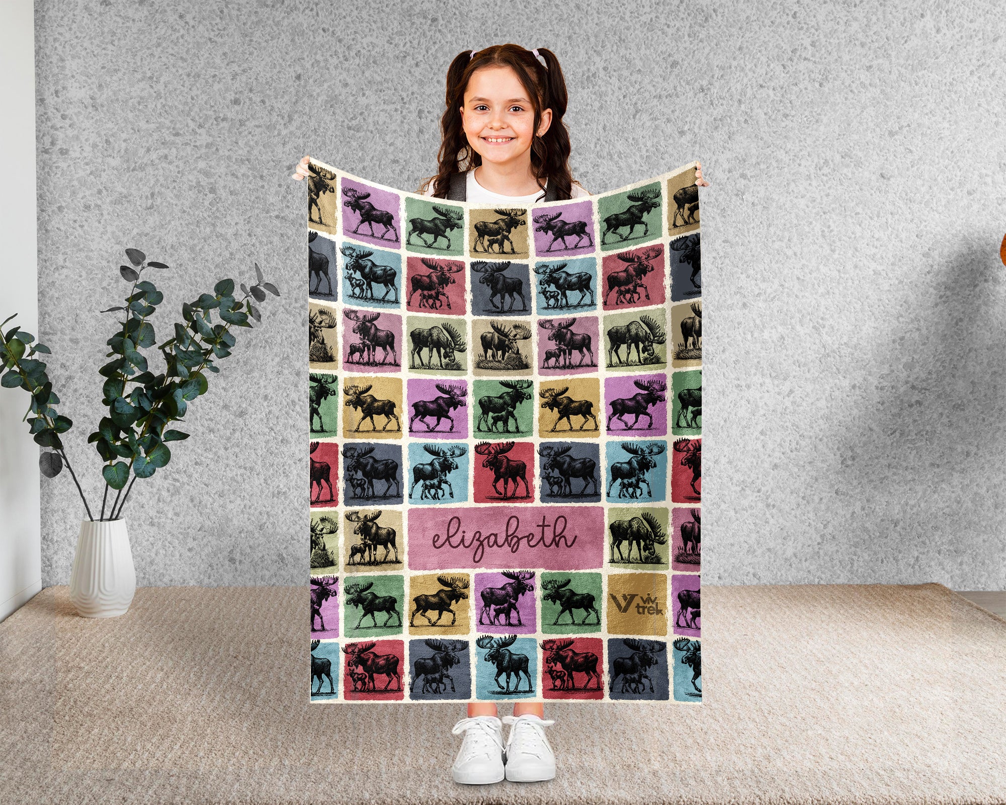 Personalized Name Moose Blanket, Retro Wildlife Throw for Nature Lovers