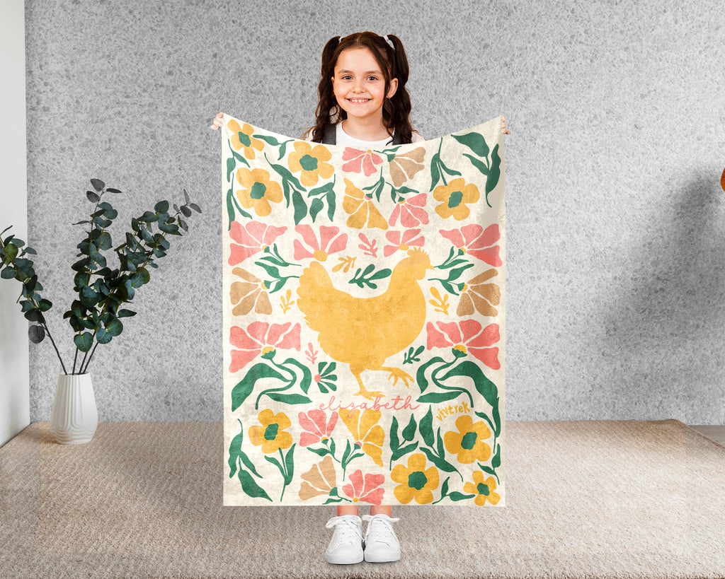 Floral Personalized Chicken Blanket with Custom Name, Cozy Floral Throw for Kids Teens Adults, Chicken Lover Farm Gift