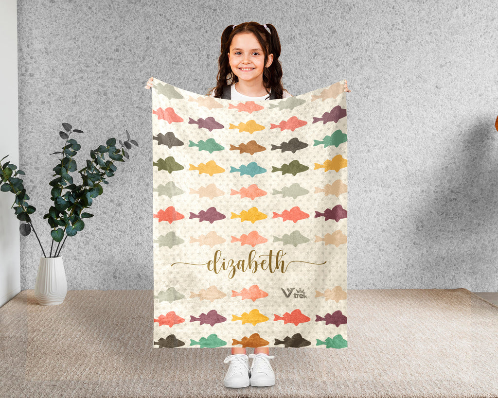 Custom Retro Fishing Blanket, Personalized Fish Lover Throw for Angler Dad Lake Cabin Outdoor Decor and Gifts