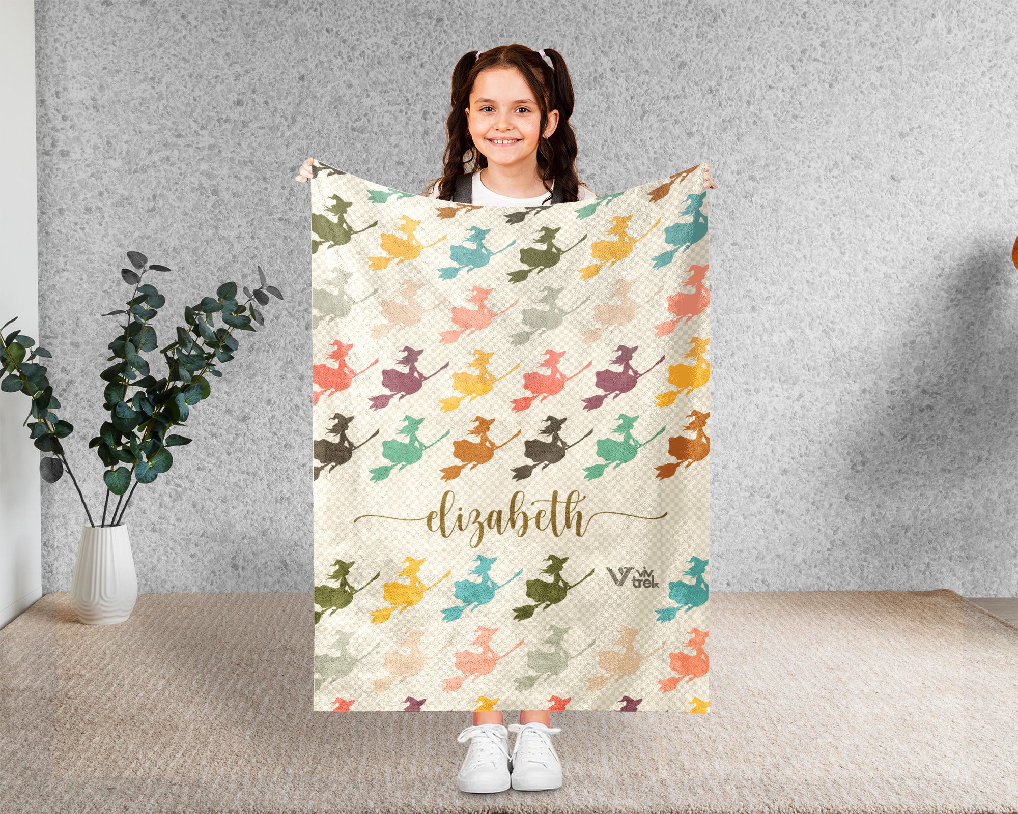 Custom Name Retro Witch Blanket, Personalized Halloween Throw for Cozy Gothic Decor and Magical Autumn Home Spaces