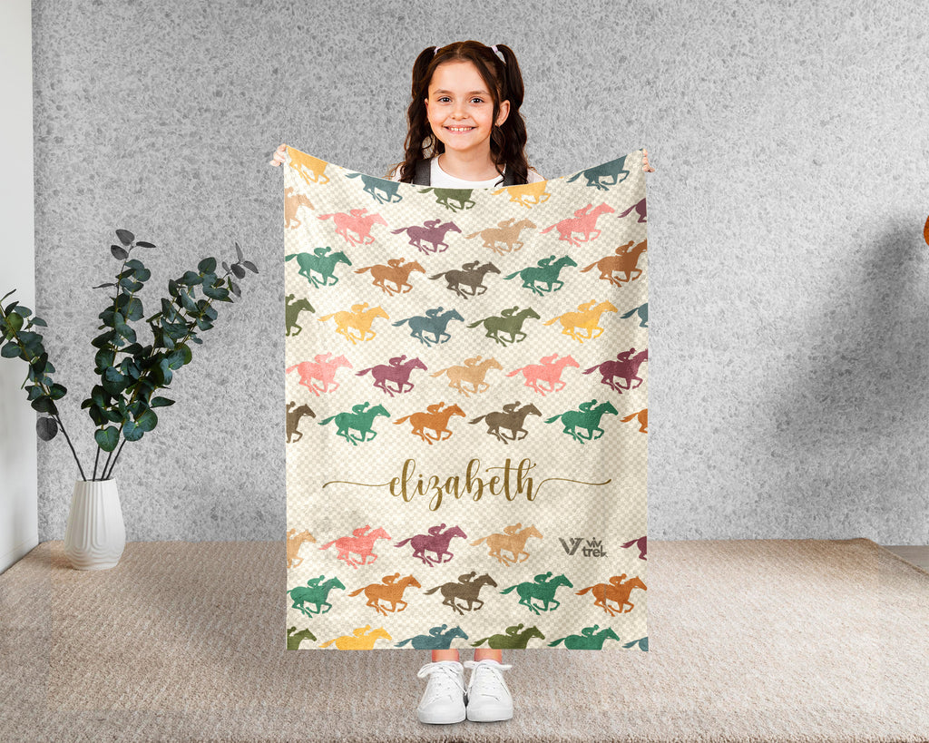 Custom Name Horse Racing Blanket Sporty Throw Cozy Personalized Gift Soft Equestrian Decor for Racing Fans Home