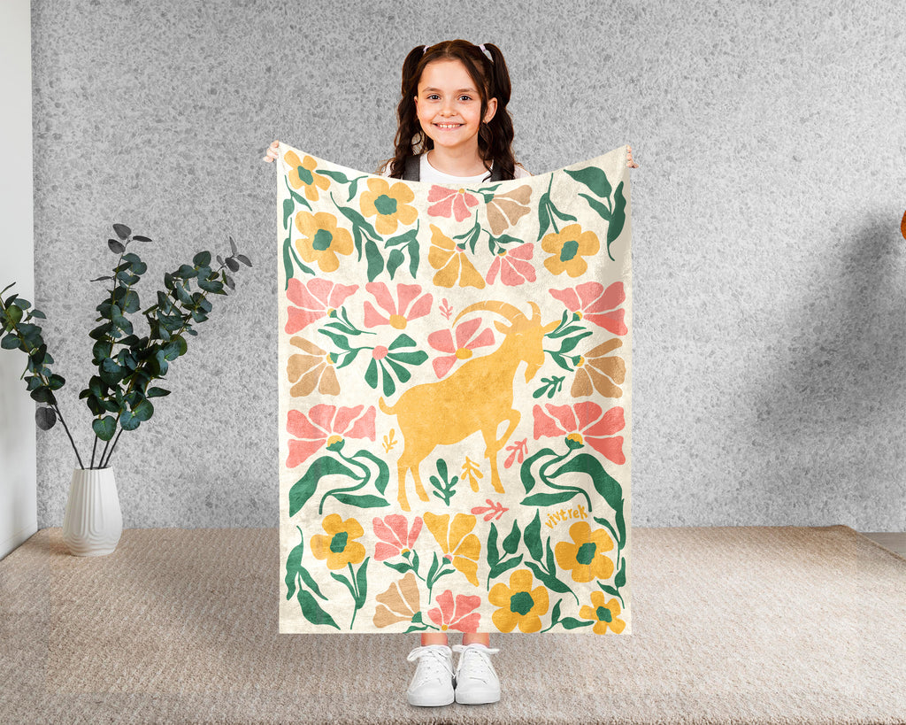 Floral Goat Blanket – Cozy Retro Farm Animal Throw for Home